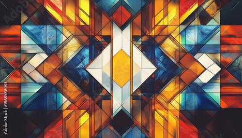 Colorful geometric pattern featuring overlapping shapes and vibrant hues creating a dynamic visual experience