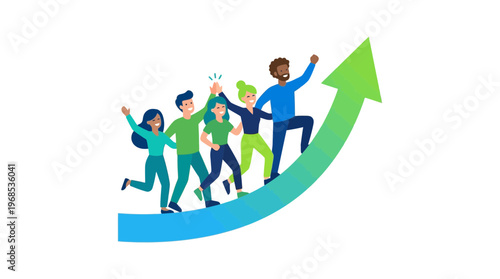 Diverse team celebrating success, high-fiving and running up a green arrow graph, symbolizing startup growth and teamwork.