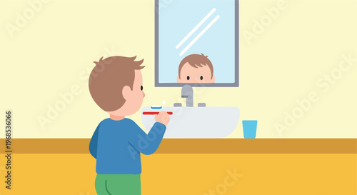 A cartoon boy stands at a bathroom sink looking at himself in a wall mirror