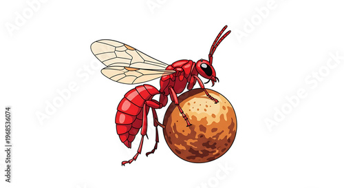 A vibrant red wasp perched on a brown ball with a white background