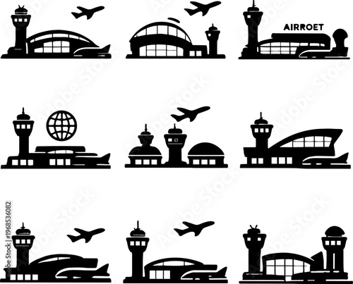 Airport terminal and airplane silhouette icons set