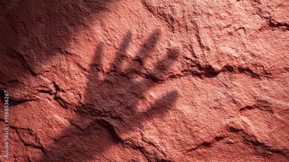 Fototapeta premium Hand shadow casting on a rough red stone surface creating a textured background, symbolizing human presence, ancient art, and prehistoric communication in natural settings