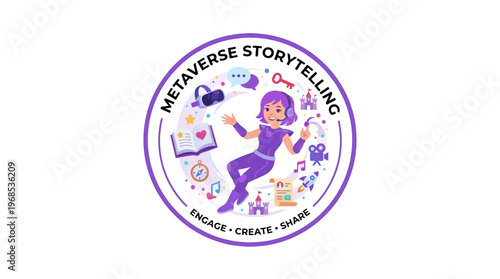 Metaverse storytelling icon with a cheerful avatar, book, VR headset, and symbols for engaging, creating, and sharing stories.