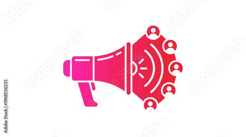 Colorful flat megaphone icon broadcasting to a group of people, symbolizing creator influence and audience engagement in digital marketing.