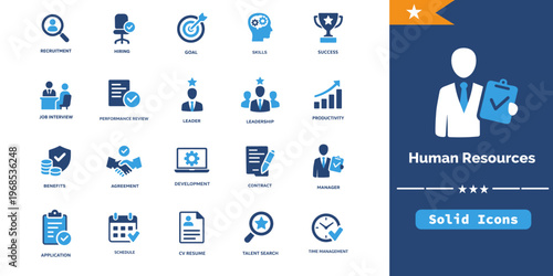 Human resources icon set, recruitment, hiring, leadership, productivity solid icons