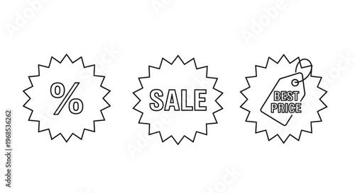 Three black and white starburst icons displaying sale and price information