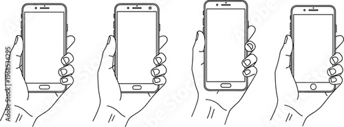 Hand holding smartphone outline icon set with blank screen devices for mobile app interface presentation and digital communication design