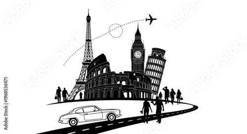 Famous European Landmarks and Travel Icons Illustration.