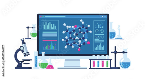 A laboratory workstation displays a molecular model and charts on a monitor, surrounded by a microscope, test tubes, and colorful flasks.
