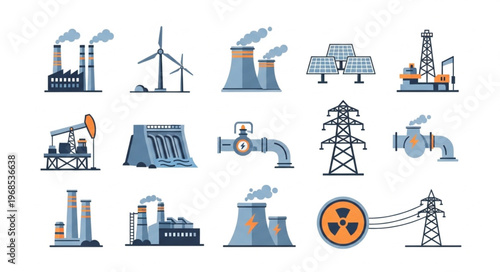 Diverse Energy Production and Industrial Infrastructure Icons.