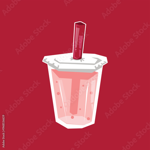 Strawberry Milkshake With Red Straw In Sealed Plastic Cup Illustration On Red Background