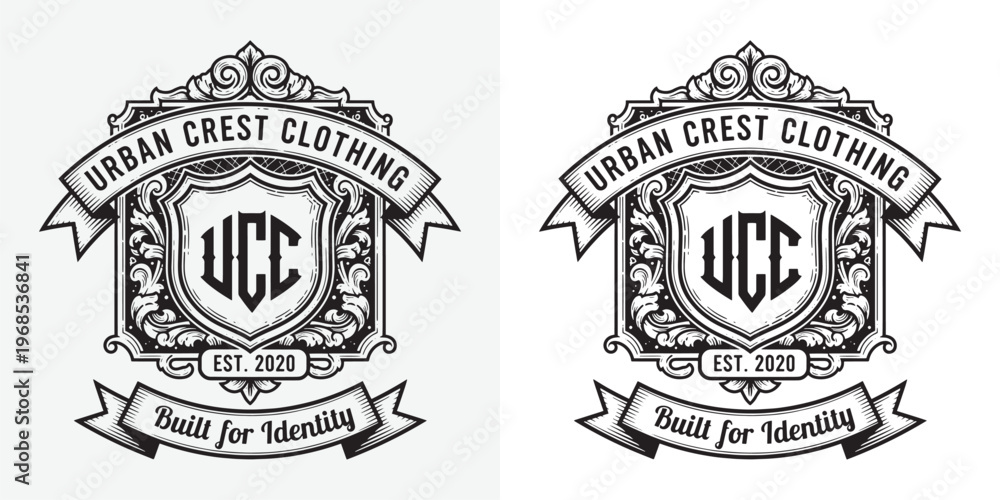 Fototapeta premium Urban Crest Clothing Brand Logo with Monogram Shield and Filigree