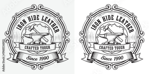 Iron Hide Leather Workshop Logo with Anvil and Hammer Emblem