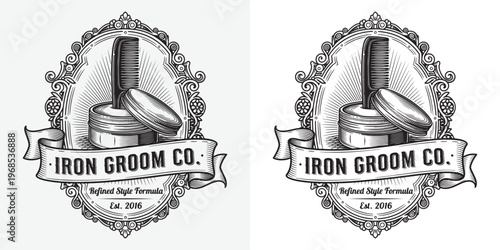 Iron Groom Co Barbershop Logo with Hair Pomade Tin and Comb