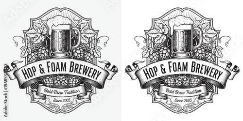 Hop and Foam Brewery Logo with Beer Mug and Hops Illustration