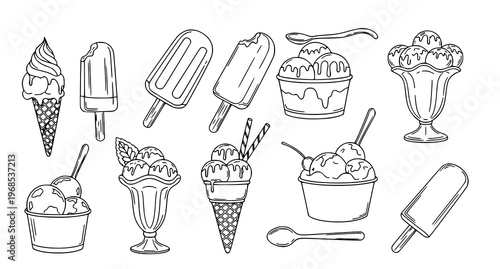 A vector graphic illustration of various ice cream treats in a minimalist line art style