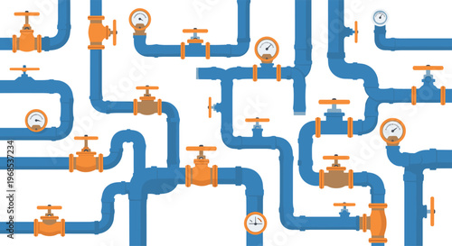 A complex network of blue industrial pipes with orange valves and pressure gauges is intricately arranged against a plain white background.