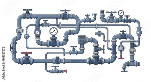A complex network of grey industrial pipes with numerous valves and gauges forms an intricate system against a plain white background.