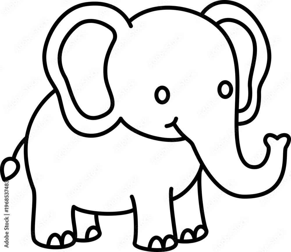 Fototapeta premium Elephant animal mammal wildlife safari cartoon outline black simple cute elephant with trunk raised, clean line drawing style, isolated