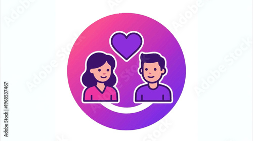 Digital icon illustrating virtual dating with avatars of a couple connected by a heart symbol, representing online romance and relationships.