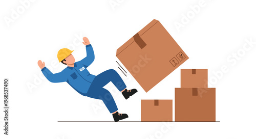 A worker in a blue uniform and yellow hard hat is falling backward as a large brown cardboard box tumbles beside him.