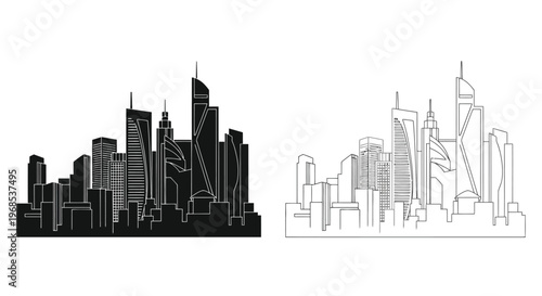 Minimalist skyline illustration featuring modern skyscrapers in black and white