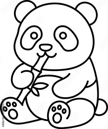 Panda bamboo bear animal cartoon cute line drawing black white panda eating bamboo simple line drawing style, smiling and sitting, child friendly