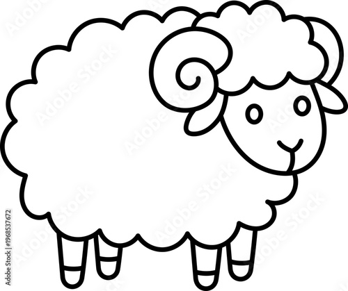 Sheep ram animal livestock farm wool cartoon outline Sheep with curled horn and fluffy wool simple outline style, cute farm livestock animal