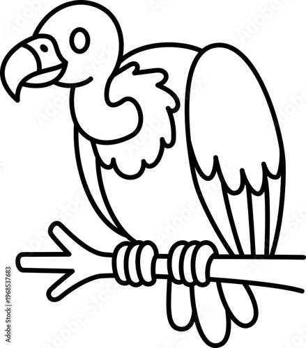 Vulture bird raptor scavenger perch branch beak wing simple line drawing of vulture bird raptor perched branch, bold outline with beak and folded