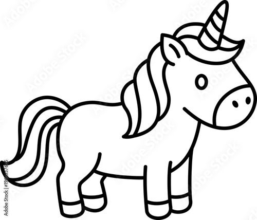 Unicorn line drawing outline horse horn cute cartoon black white Cute unicorn line drawing outline transparency background, simple horse with horn