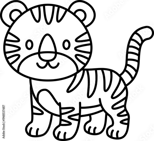 Tiger cub cartoon animal stripe cute outline face simple line tiger cub with stripe body and curved tail, friendly expression, child style drawing
