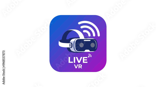 Virtual reality headset icon with 'LIVE VR' text and signal waves, representing live streaming and virtual reality broadcasts.