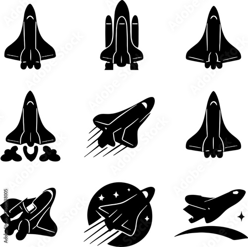 black space shuttle rocket icons set
