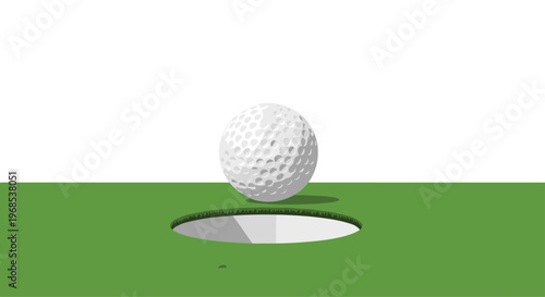 A large, textured white golf ball is positioned directly above a golf hole on a vibrant green putting green.