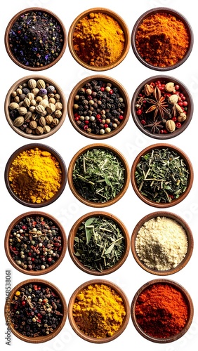 Collection of assorted dry herbs and spices neatly arranged in small wooden bowls on a white background. Top-down view