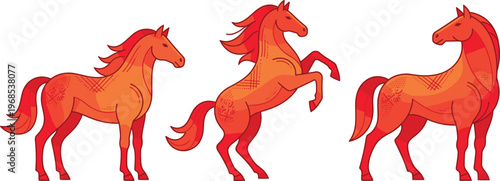 Stylized Horse Illustration Set with Different Poses, Running and Rearing Stallion Characters in Flat Design for Animal and Farm Graphics