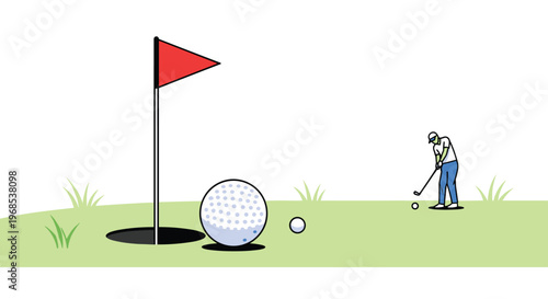 A golfer is preparing to hit a small white golf ball with a club on a bright green golf course with a red flag and hole.