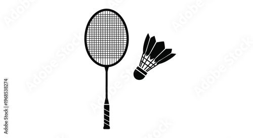 Black and white illustration of a badminton racket and shuttlecock