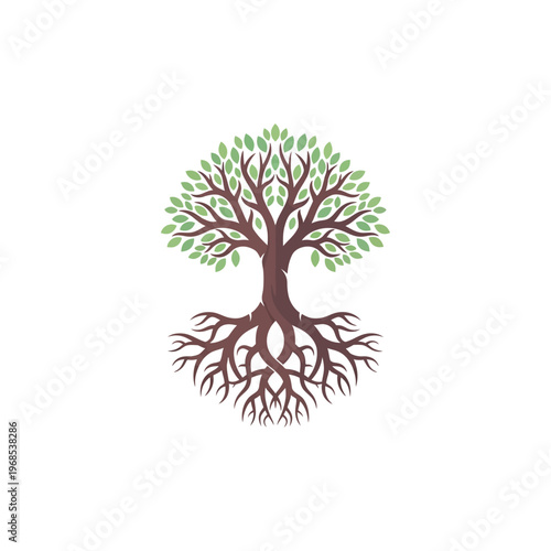 Healthy Tree with Deep Roots and Green Leaves, Symbol of Growth and Nature
