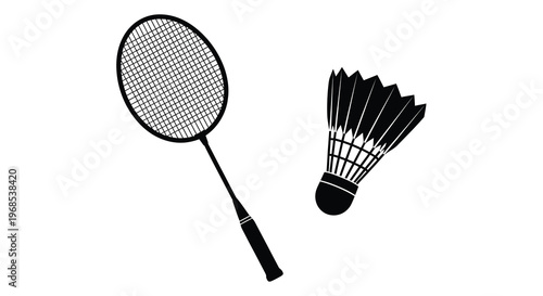 A black and white illustration of a badminton racket and shuttlecock