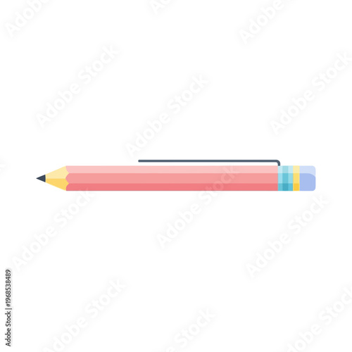 Pink Pencil with Eraser and Clip, Isolated on White Background, Minimalist Design