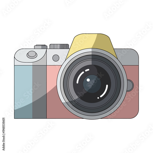Retro Digital Camera Illustration with Lens and Buttons, Flat Design Style