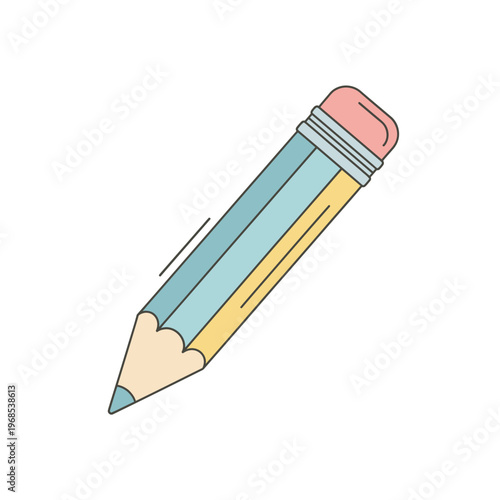 Simple drawing of a pastel blue and yellow pencil with pink eraser on a white background
