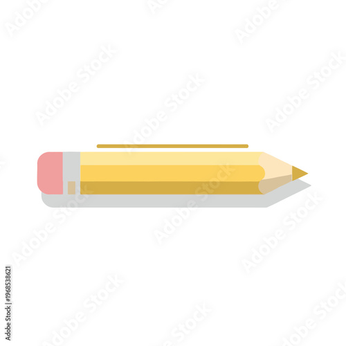 Simple Yellow Pencil with Pink Eraser and Shadow on White Background, Flat Design