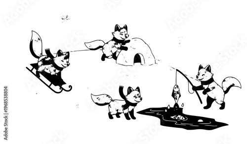 dog and cat Winter Arctic Fox Vector Illustration with Snow Fun, Sledding, and Fishing for Kids and Seasonal Designs