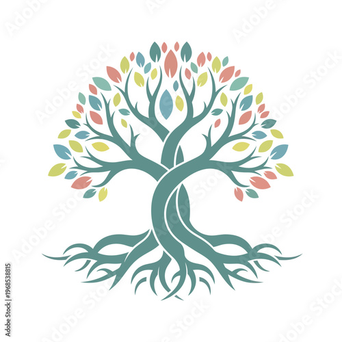 Stylized Tree of Life with Colorful Leaves and Entwined Trunk