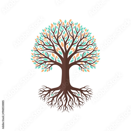 Stylized Tree of Life with Roots and Leaves - Vector Illustration