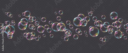 Vector seamless frame realistic rainbow soap bubble with reflection isolated on transparent background. Flying png glass bubbles.