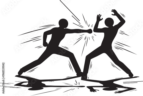 Two silhouetted figures engaged in a dynamic forceful physical altercation