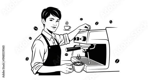 Barista making coffee with espresso machine and beans.